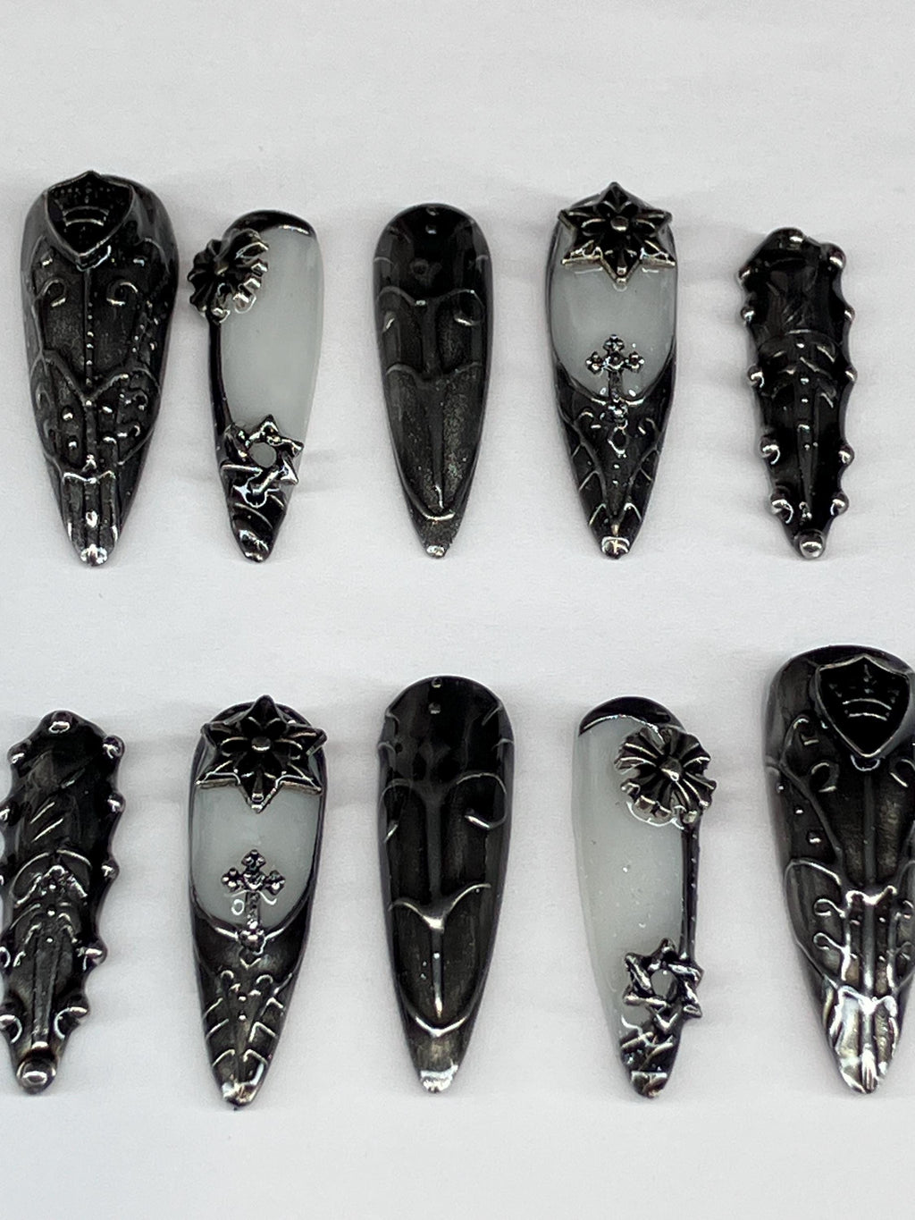 Medieval armour design press on nails featuring dark gothic designs, application pack included.