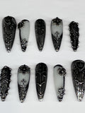Medieval armour design press on nails featuring dark gothic designs, application pack included.