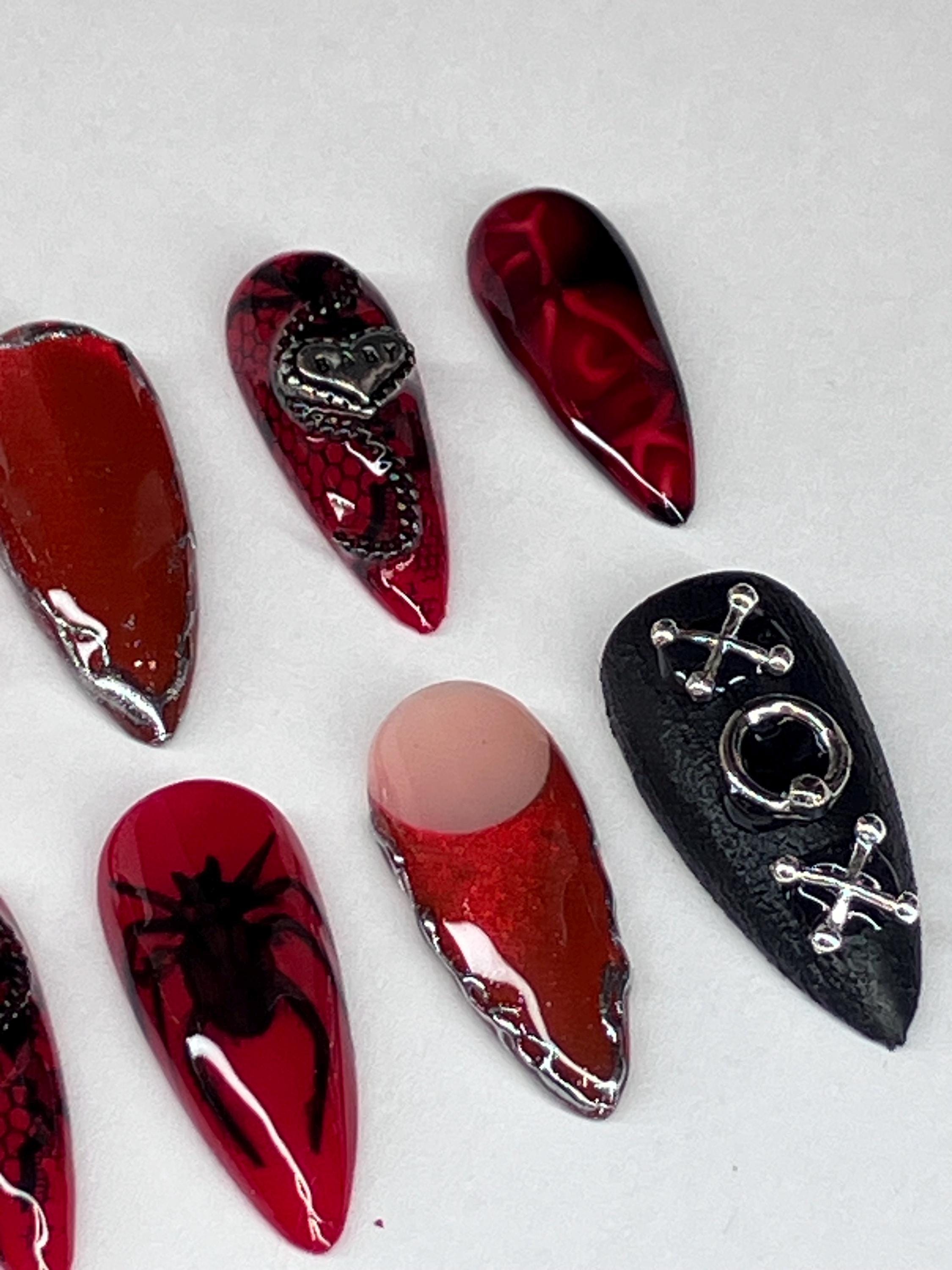 Gothic Red Black Press On Nails, Dark Romance Cat Eye Chrome, (Application Pack Included)