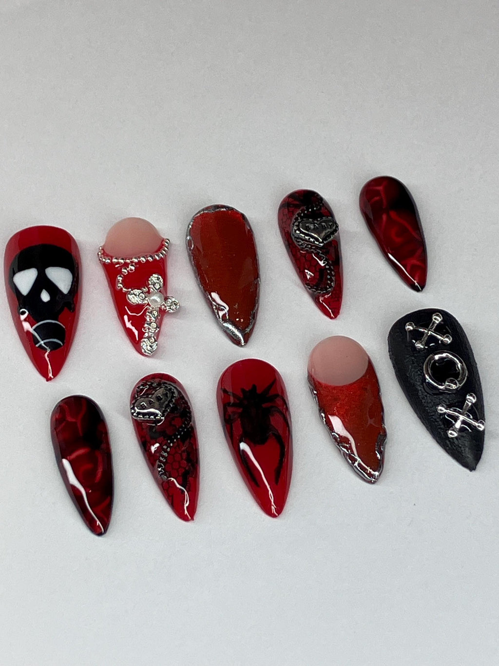 Gothic Red Black Press On Nails, Dark Romance Cat Eye Chrome, (Application Pack Included)