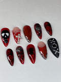 Gothic Red Black Press On Nails, Dark Romance Cat Eye Chrome, (Application Pack Included)