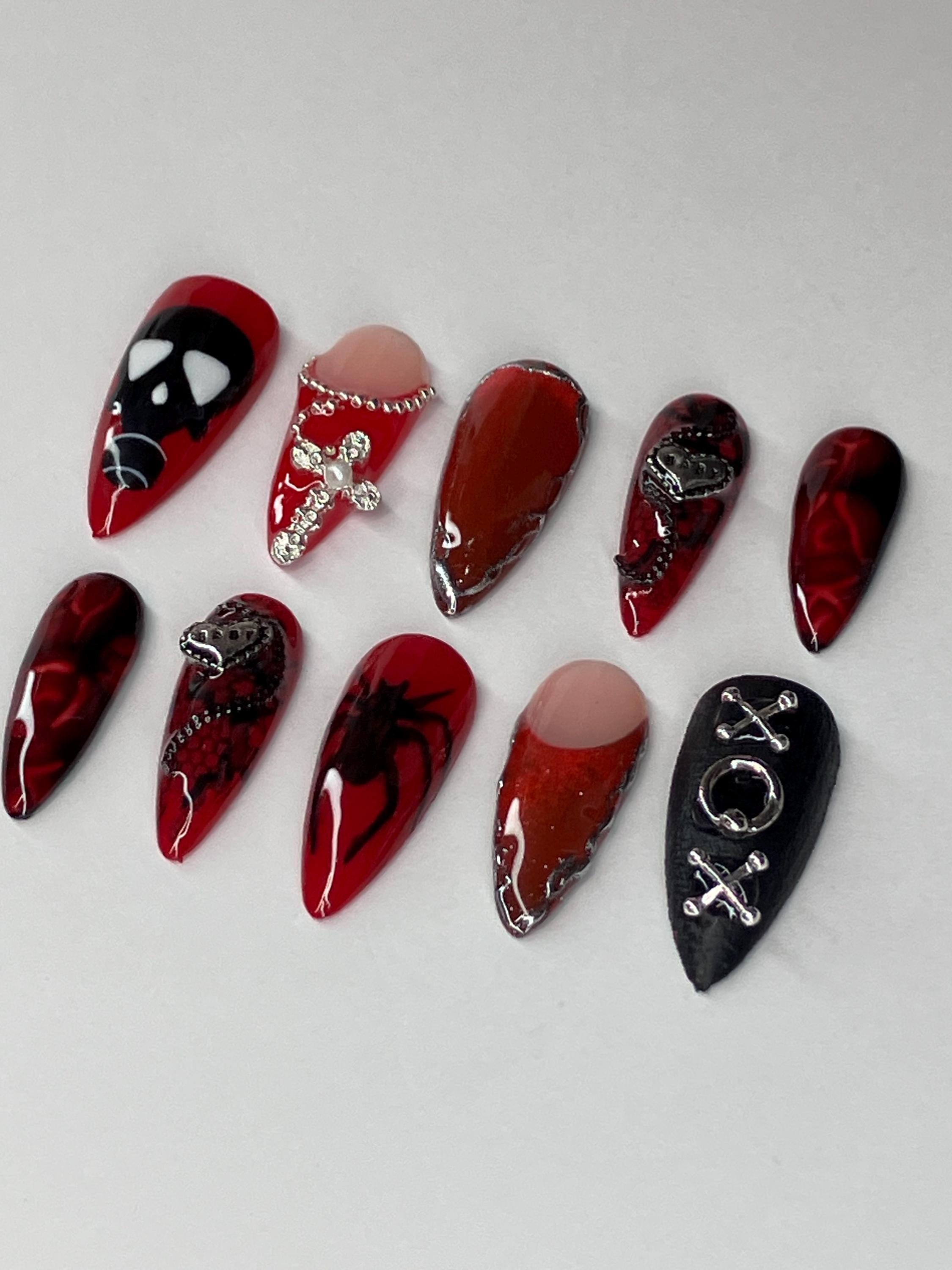 Gothic Red Black Press On Nails, Dark Romance Cat Eye Chrome, (Application Pack Included)