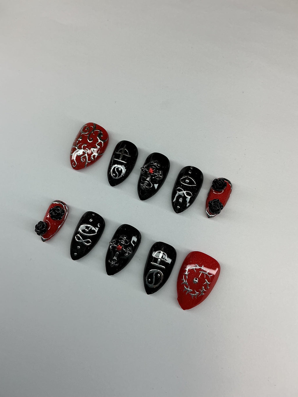 Omens Inspired Press On Nails, Red Black Silver Cat Eye Design (Application Pack Included)