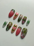 Strawberry matcha design press on nails including application pack