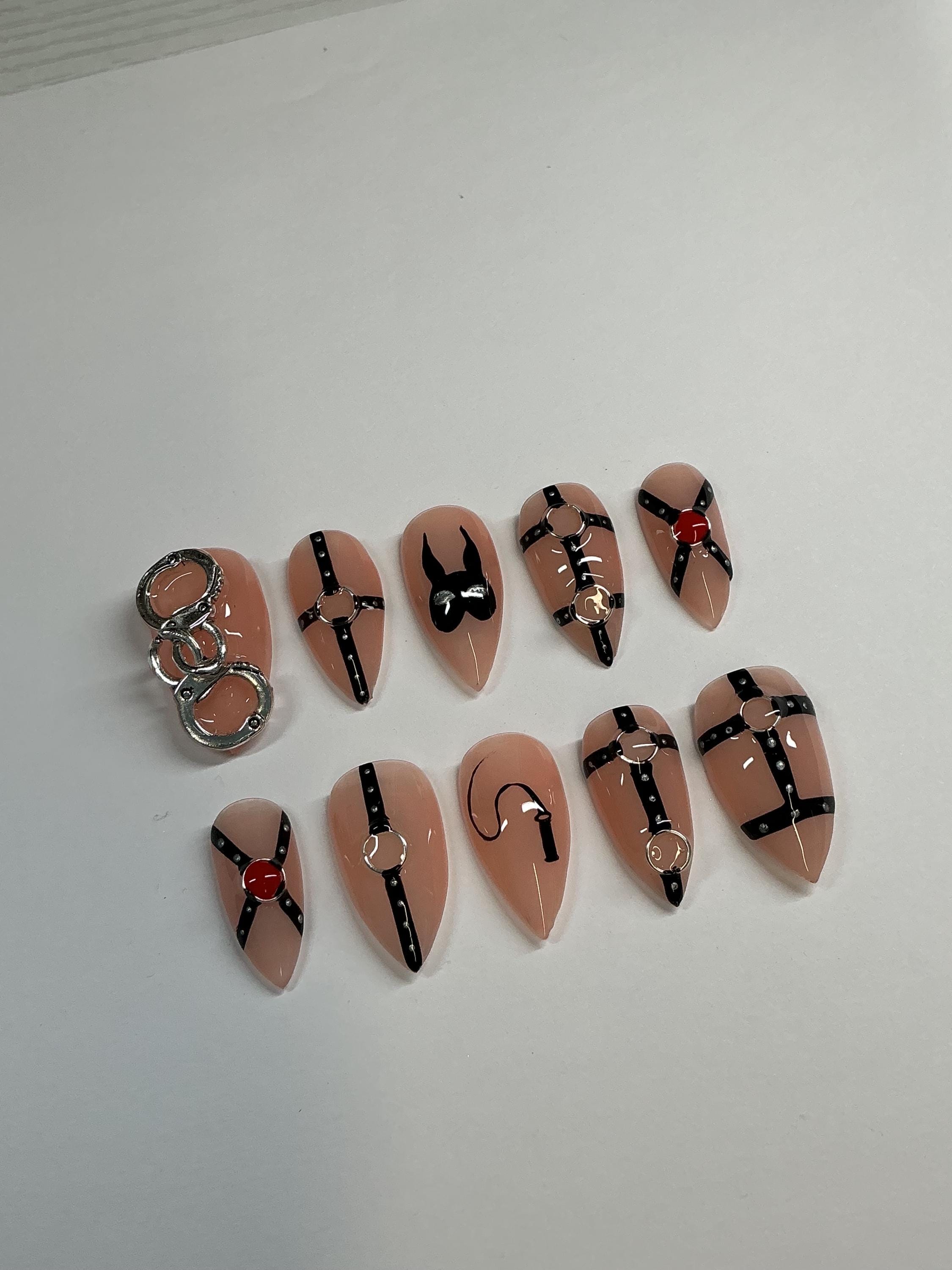 BDSM bondage kinky design press on nails, with application pack