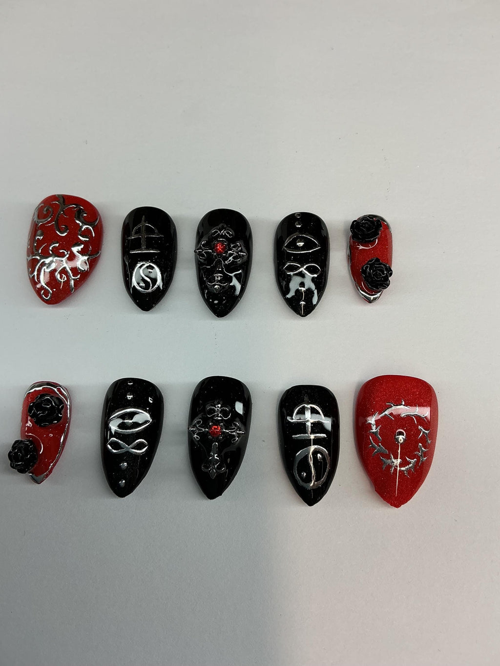 Omens Inspired Press On Nails, Red Black Silver Cat Eye Design (Application Pack Included)