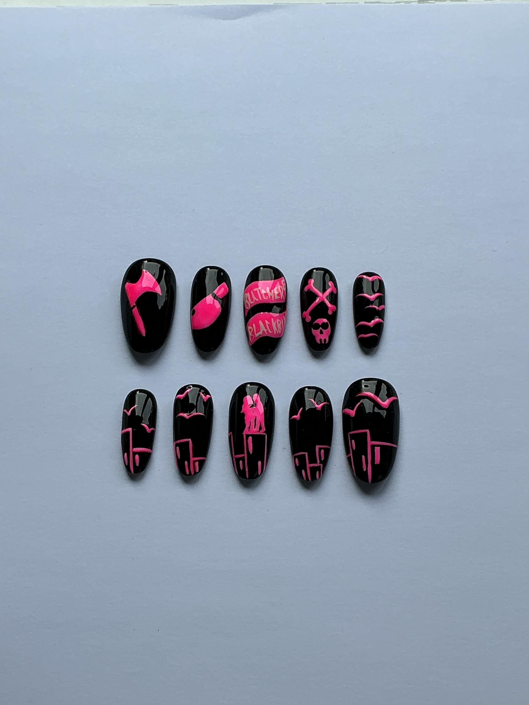 Blackbird neon pink design press on nails, application pack included