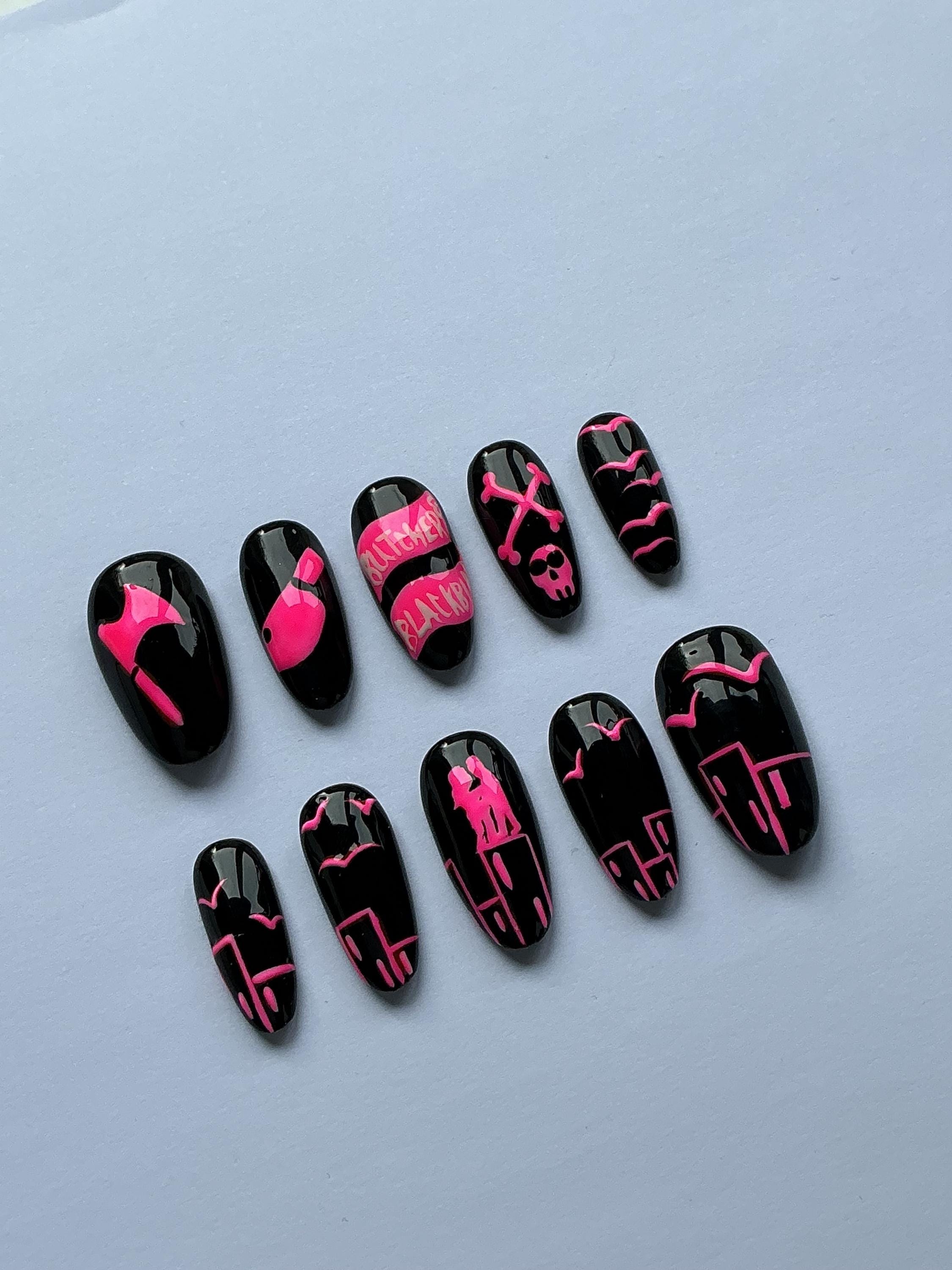 Blackbird neon pink design press on nails, application pack included