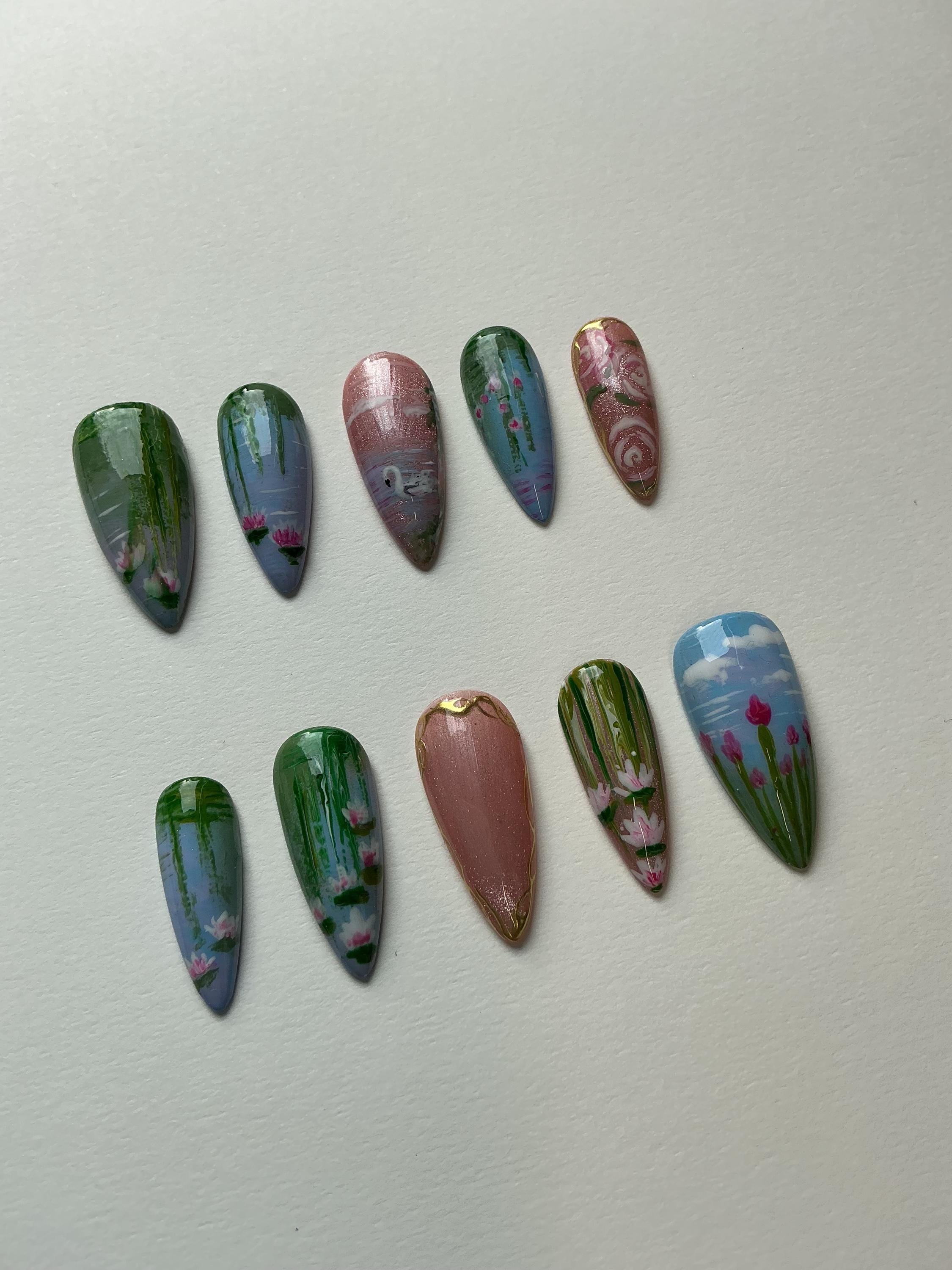 Aurora press on nails with fine art, application pack included