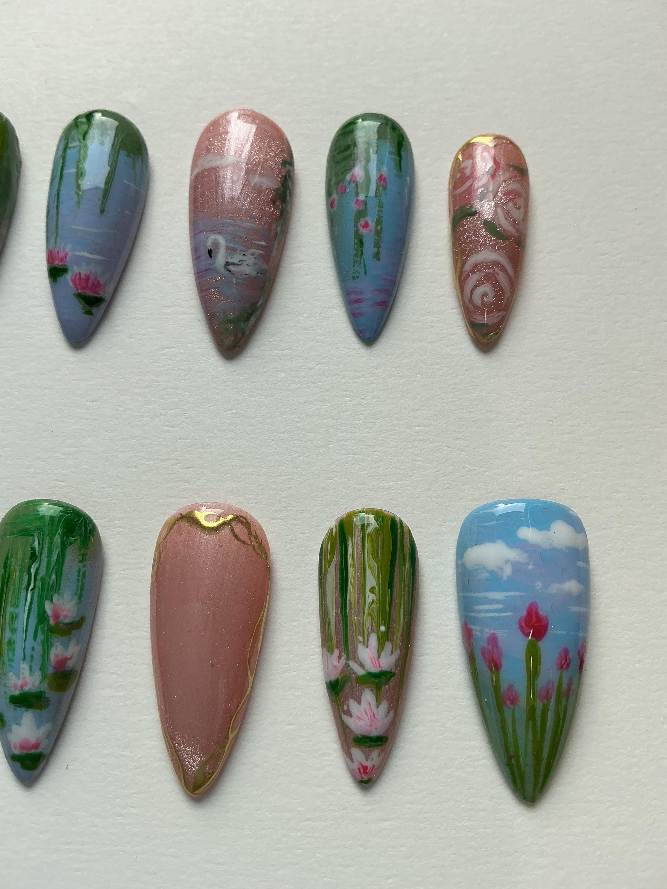 Aurora press on nails with fine art, application pack included