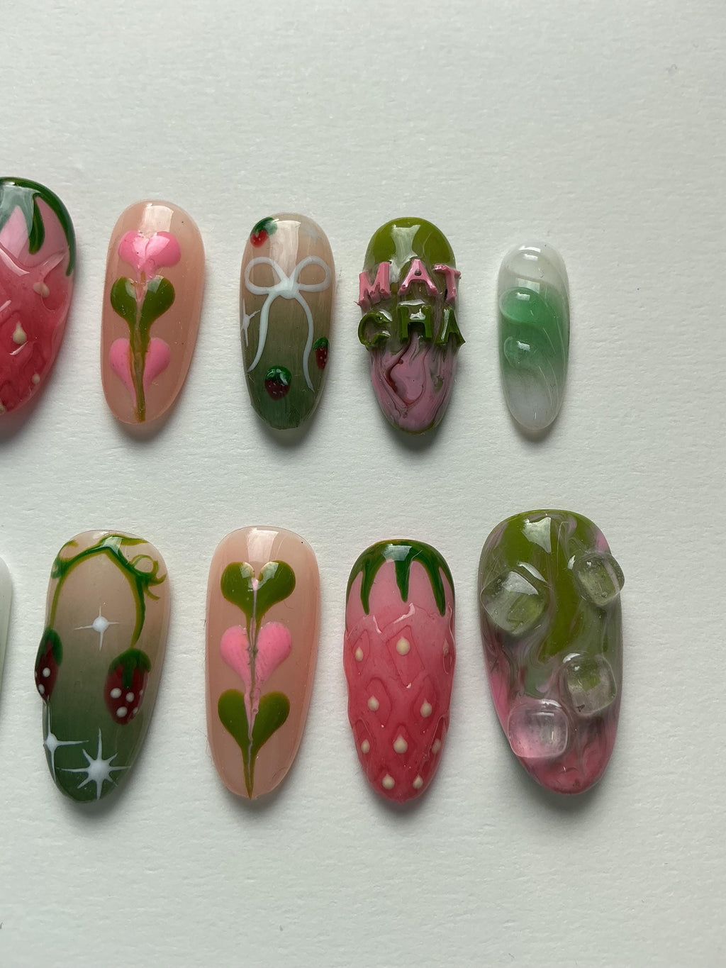 Strawberry matcha design press on nails including application pack