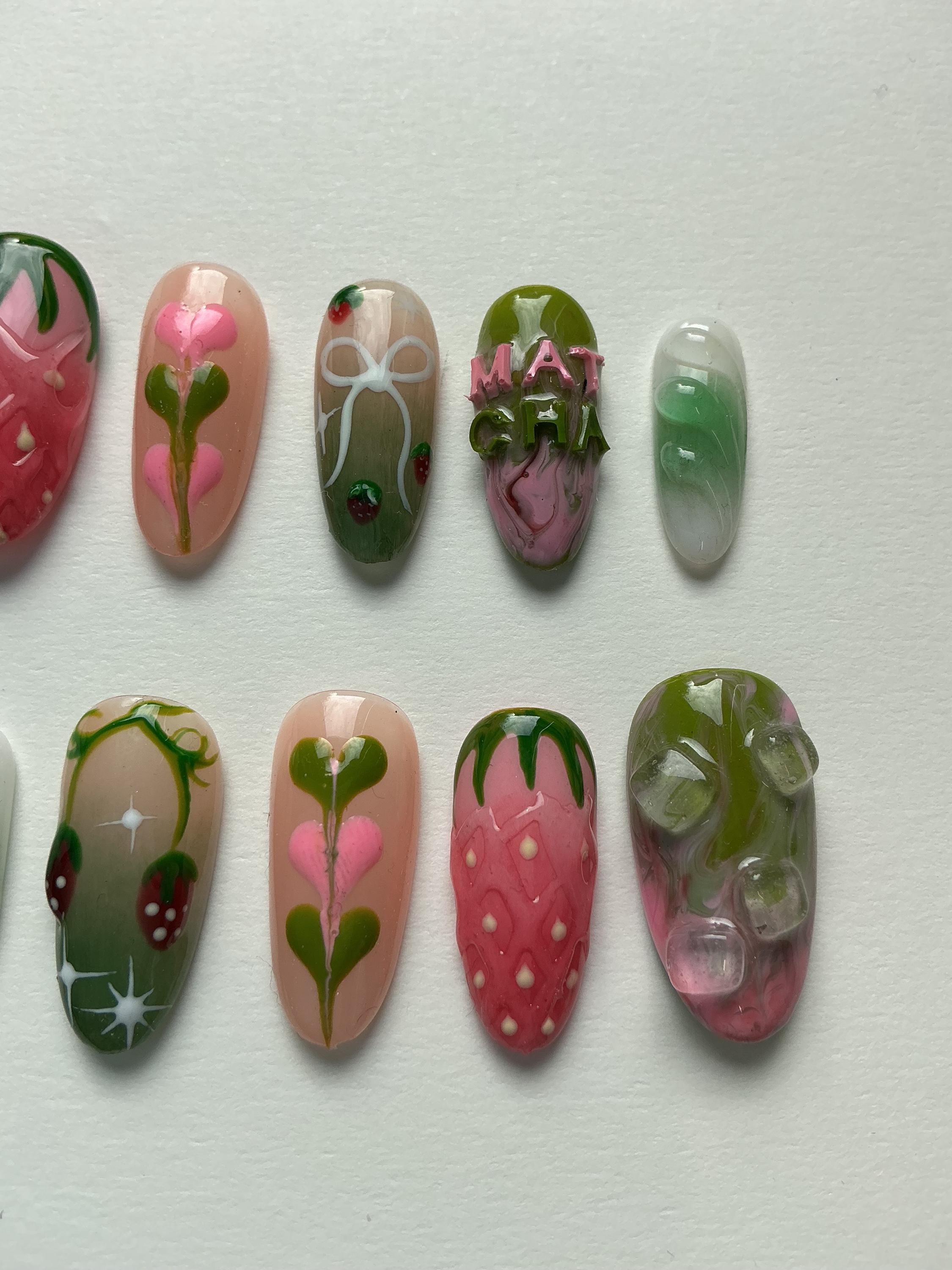 Strawberry matcha design press on nails including application pack