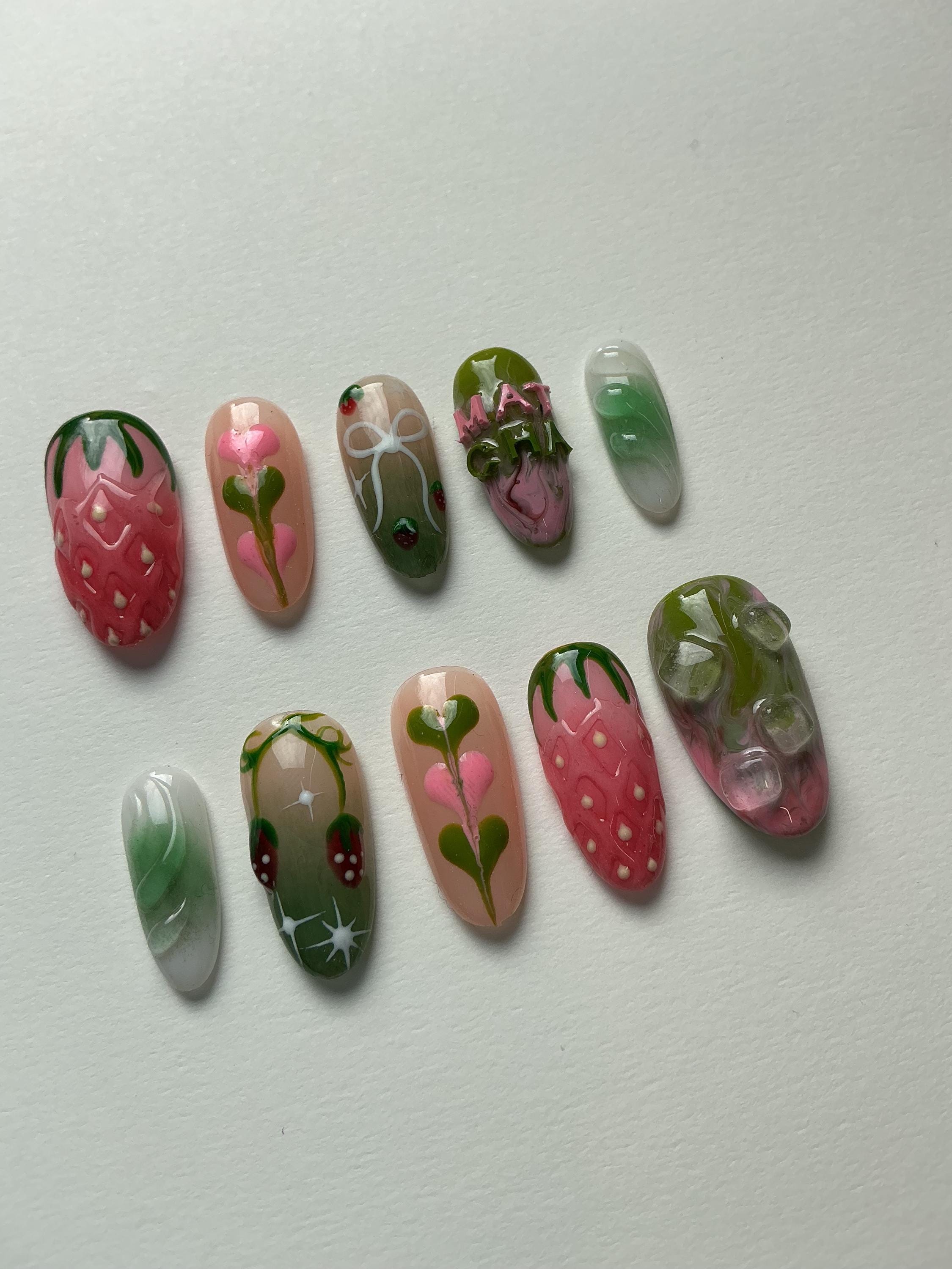 Strawberry matcha design press on nails including application pack