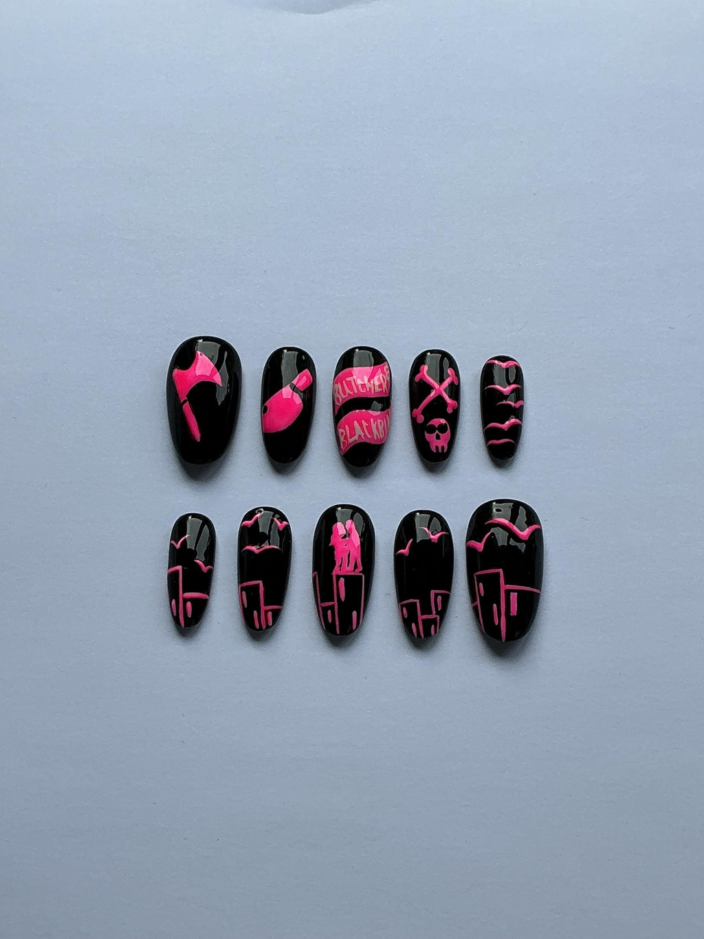 Blackbird neon pink design press on nails, application pack included