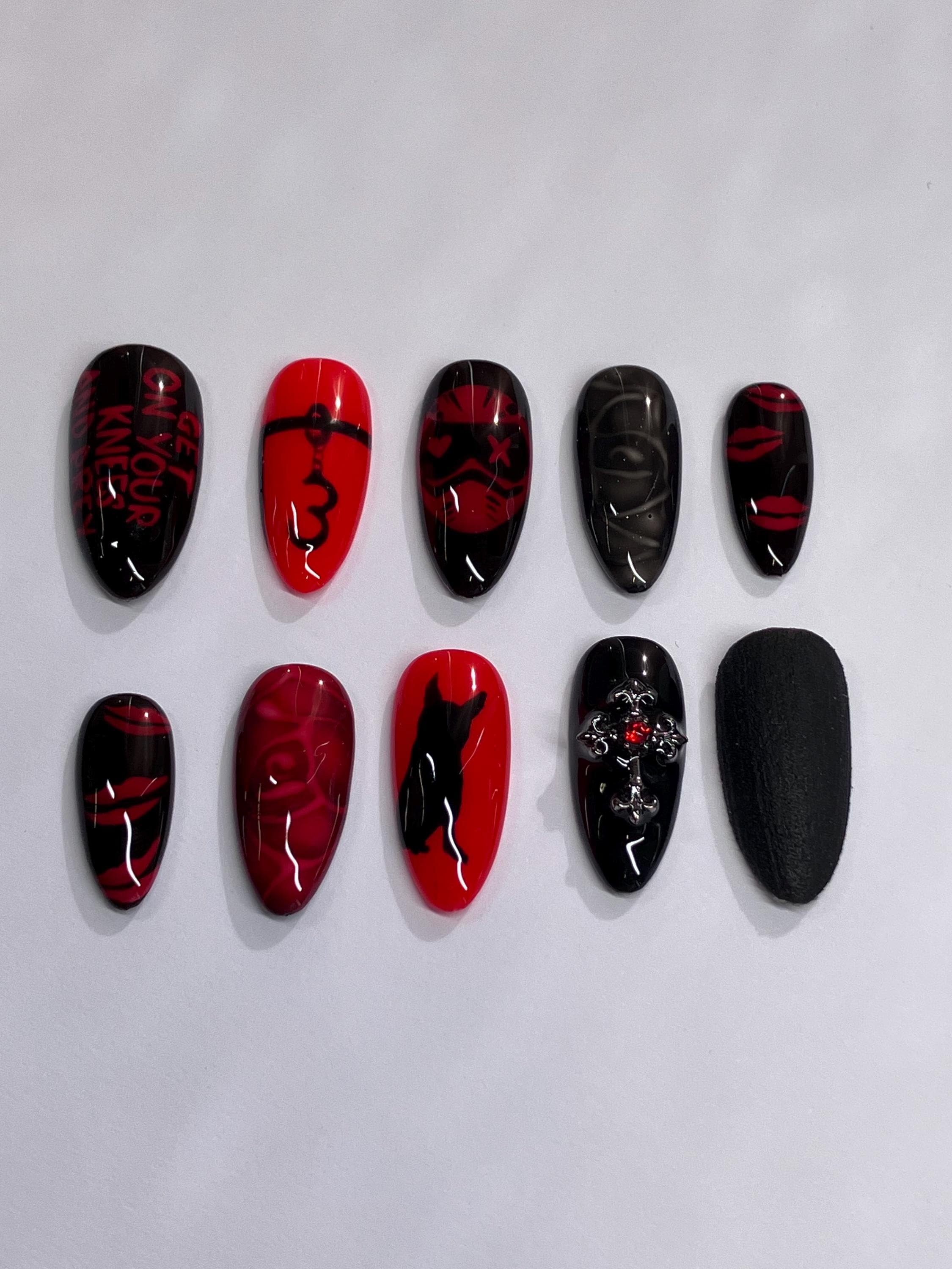 Dark romance red and black design press on nails with application pack