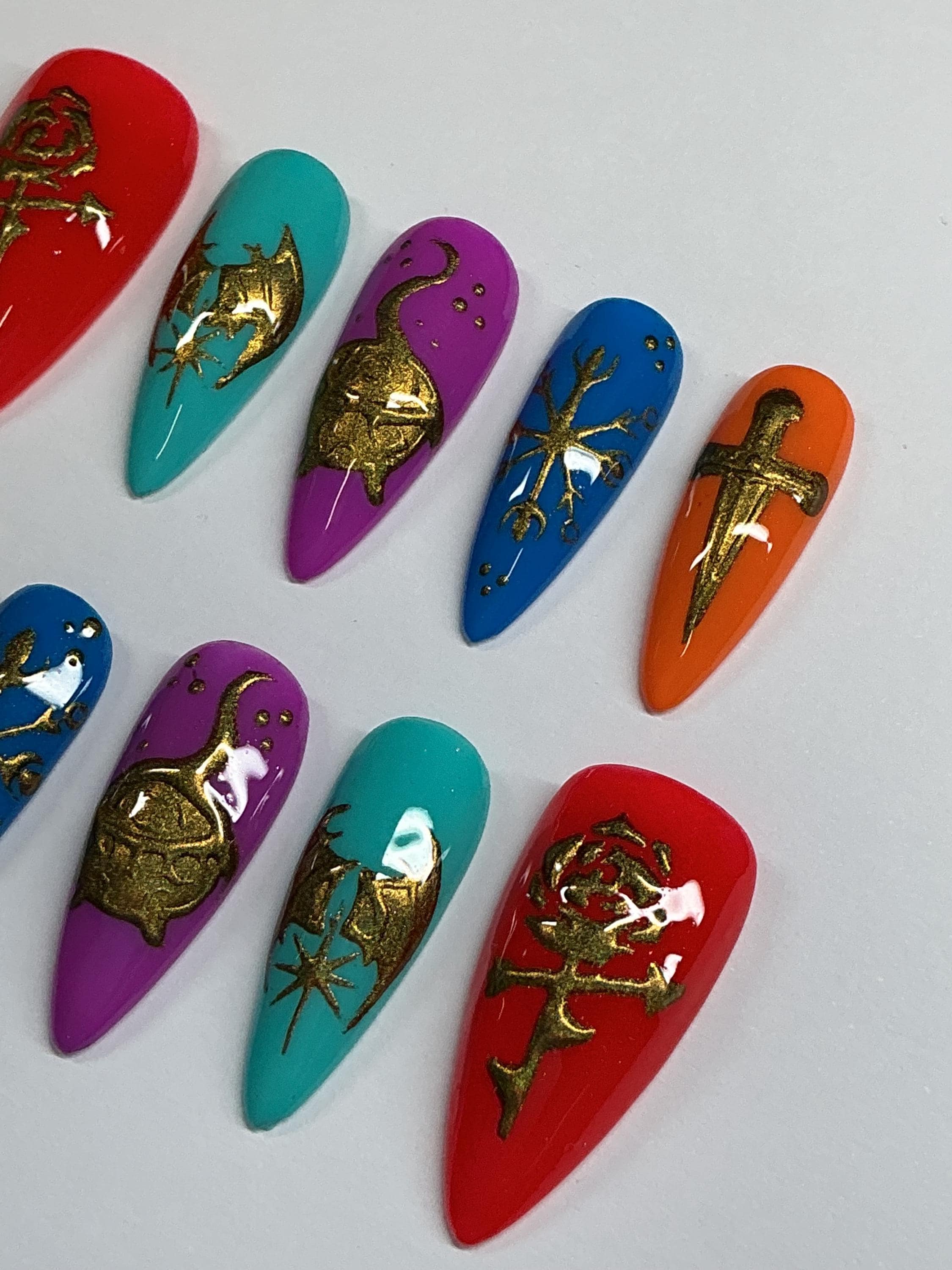 Fantasy romance dragon press on nails with chrome design, application pack included