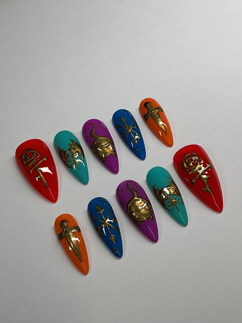 Fantasy romance dragon press on nails with chrome design, application pack included
