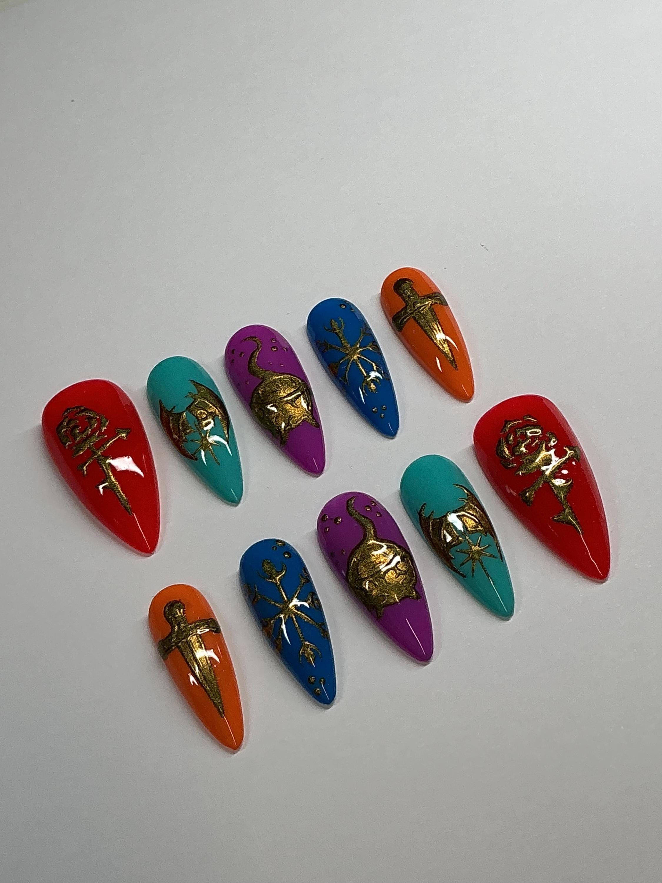 Fantasy romance dragon press on nails with chrome design, application pack included