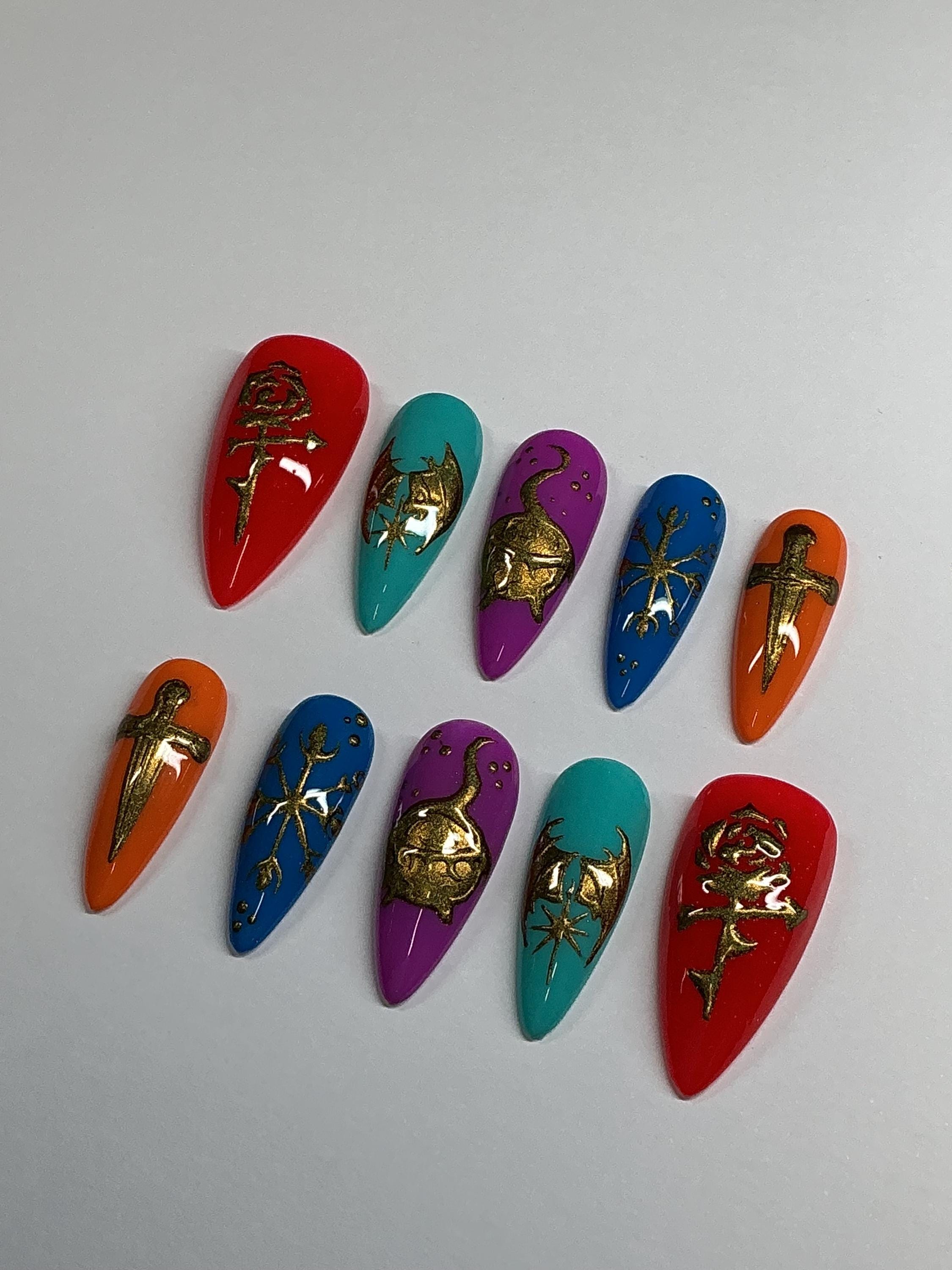 Fantasy romance dragon press on nails with chrome design, application pack included