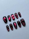 Blackbird neon pink design press on nails, application pack included