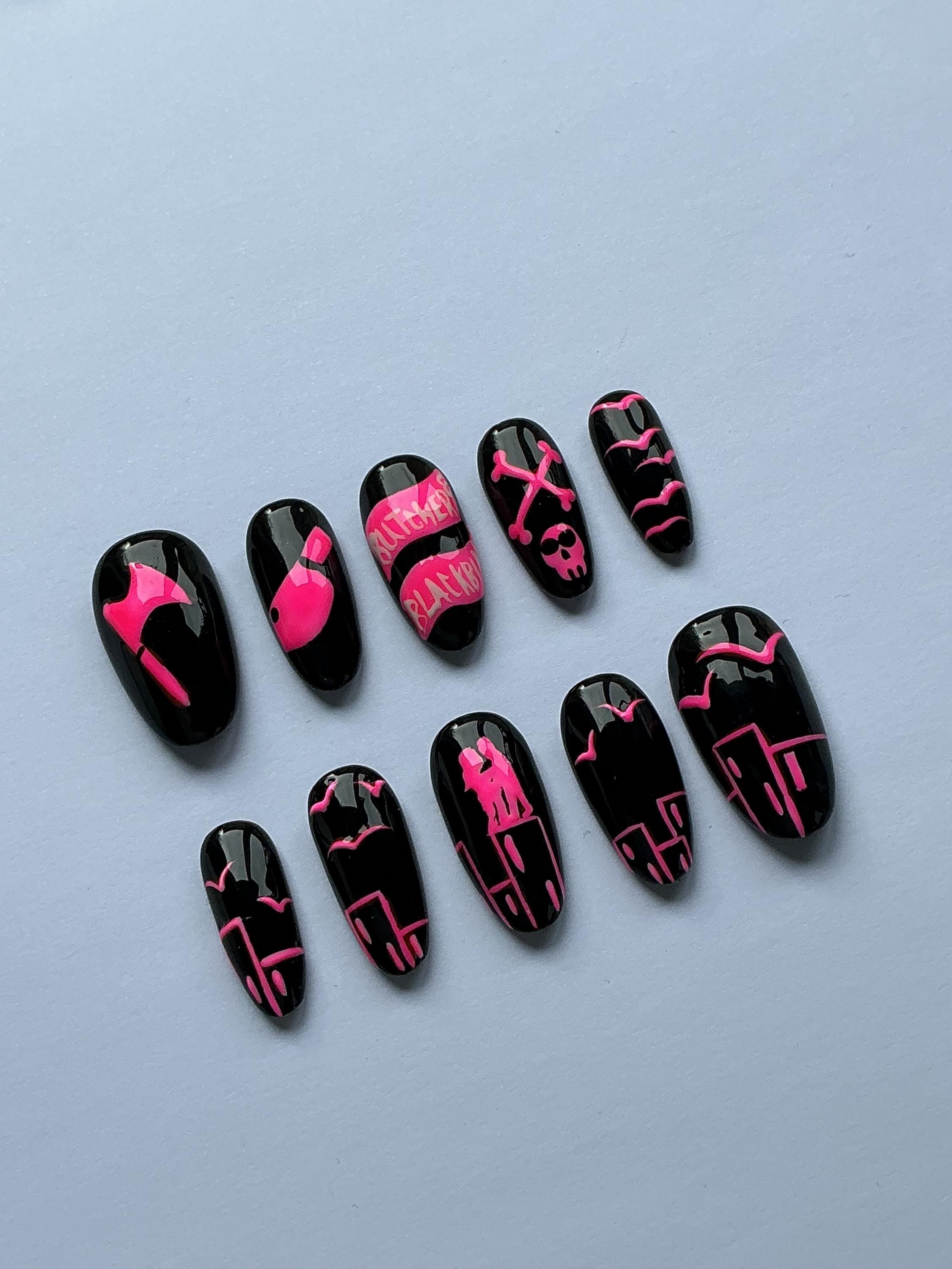Blackbird neon pink design press on nails, application pack included