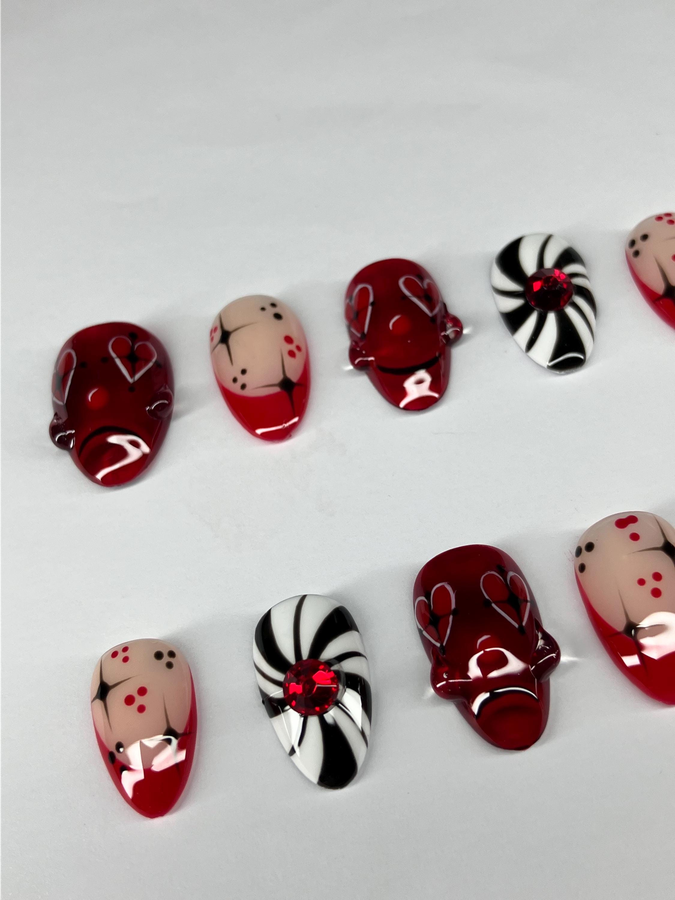 Red Black Clown Face Press-On Nails, Circus 3D Nail Art Application Pack