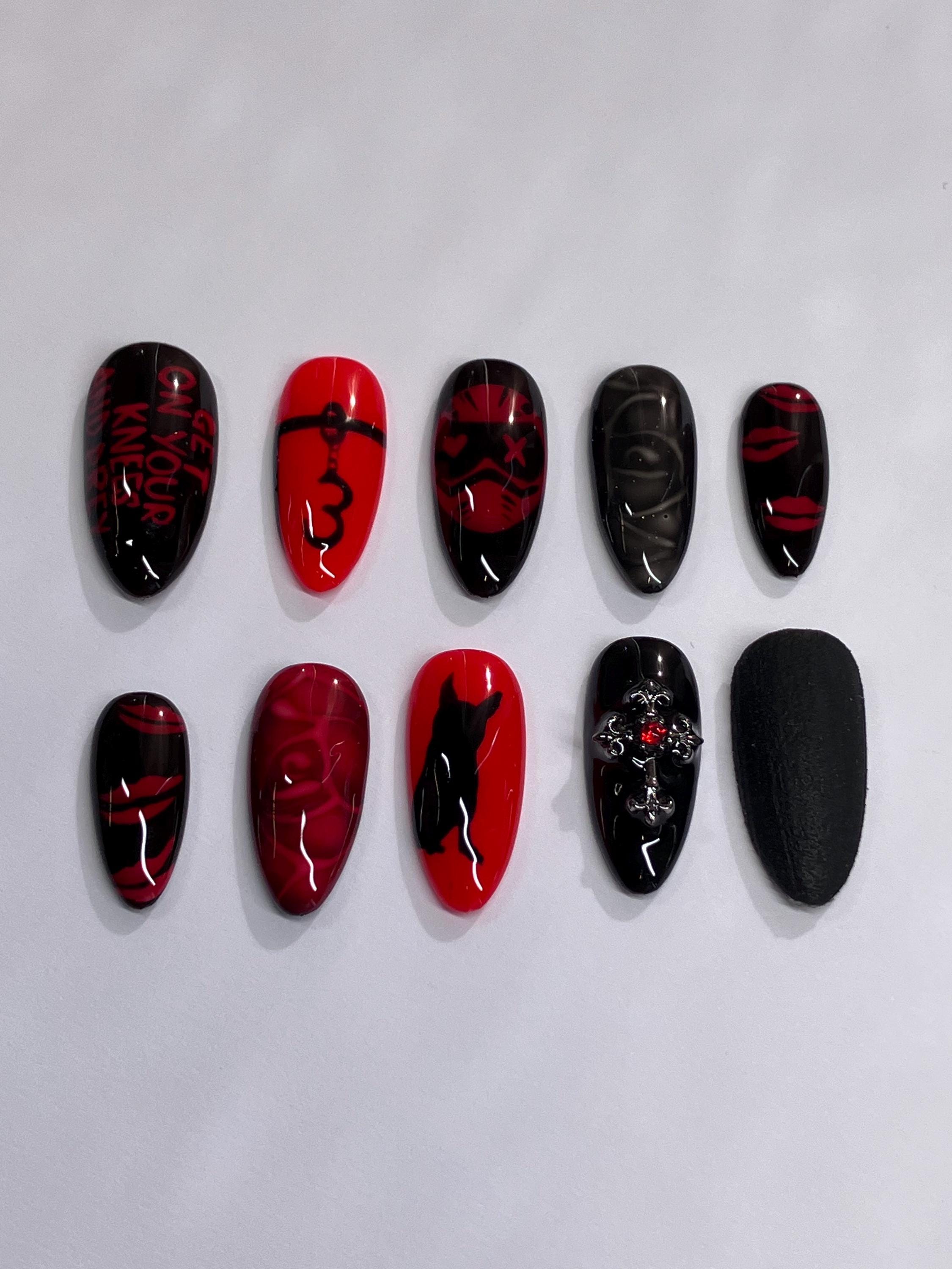 Dark romance red and black design press on nails with application pack