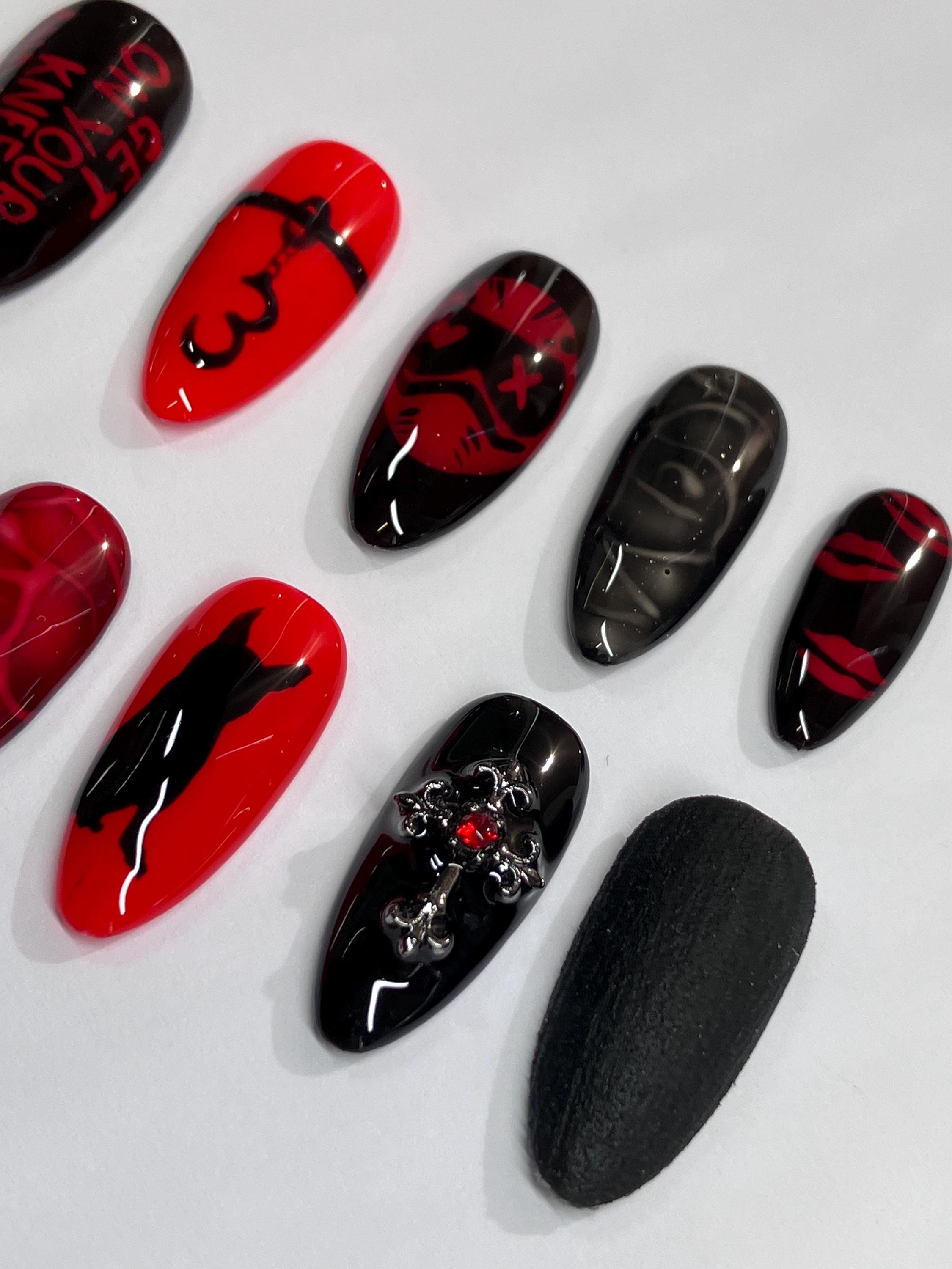 Dark romance red and black design press on nails with application pack