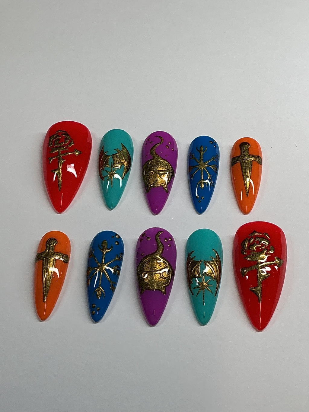 Fantasy romance dragon press on nails with chrome design, application pack included