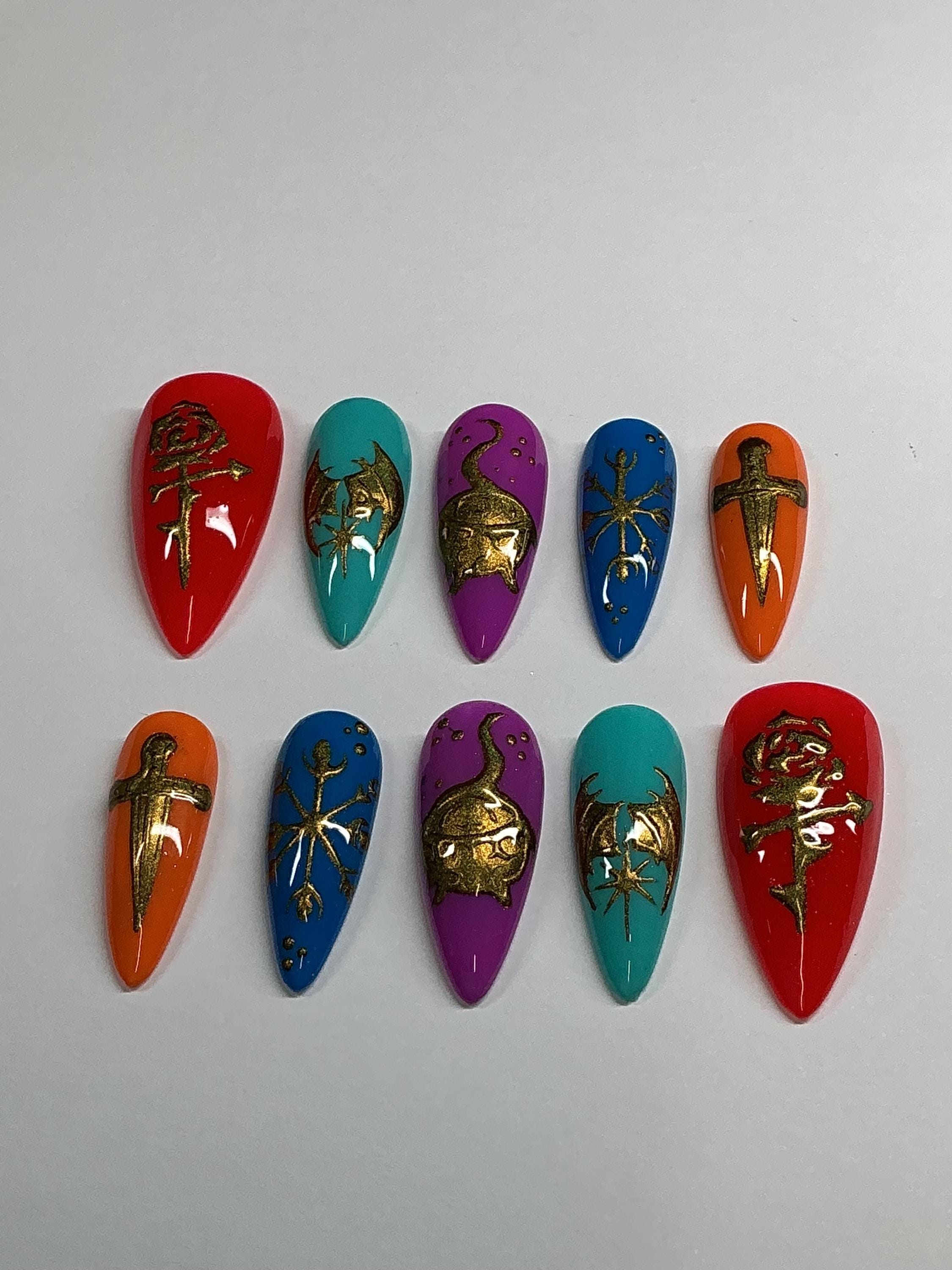 Fantasy romance dragon press on nails with chrome design, application pack included