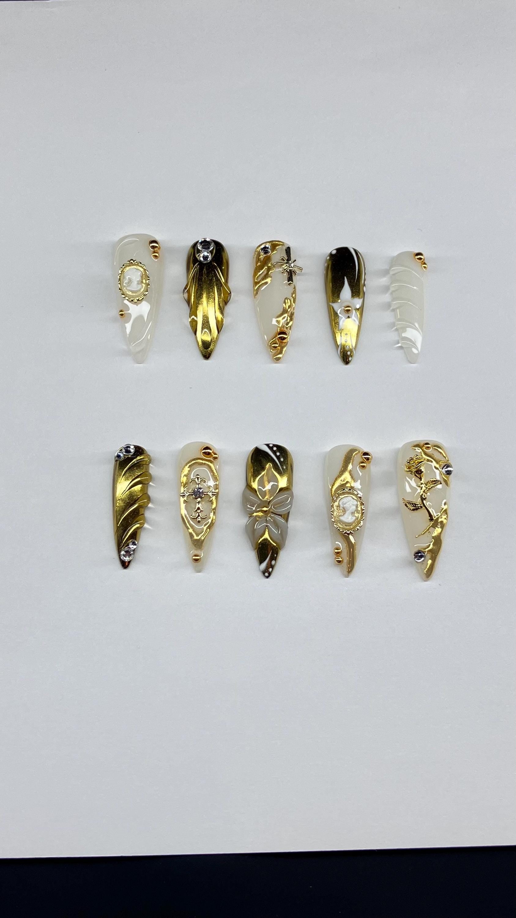 Golden Goddess Press On Nails: 3D Gold Nail Art with Application Kit