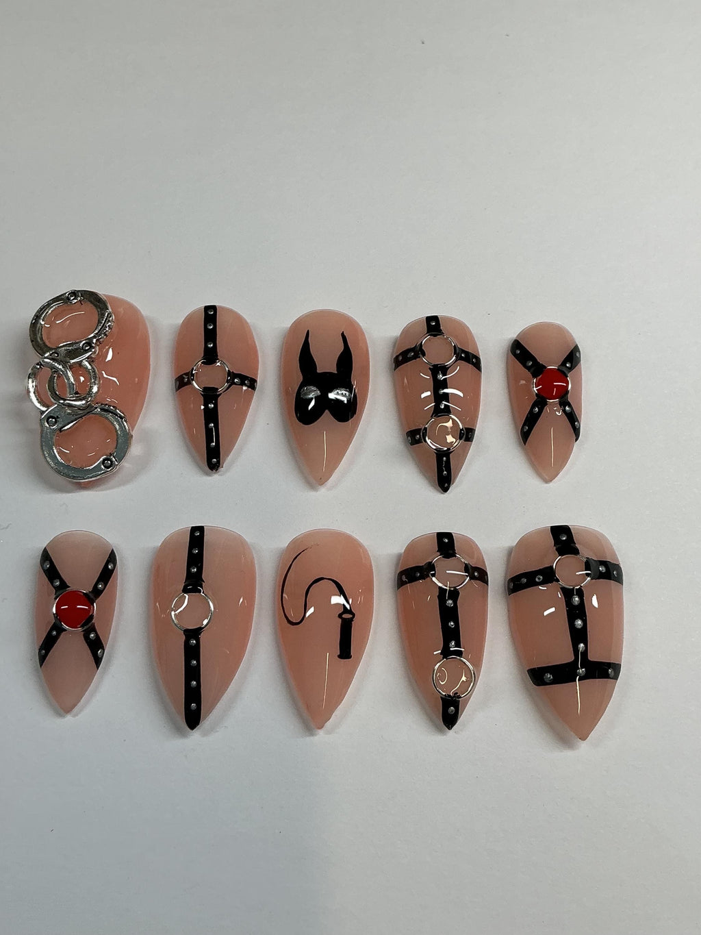 BDSM bondage kinky design press on nails, with application pack